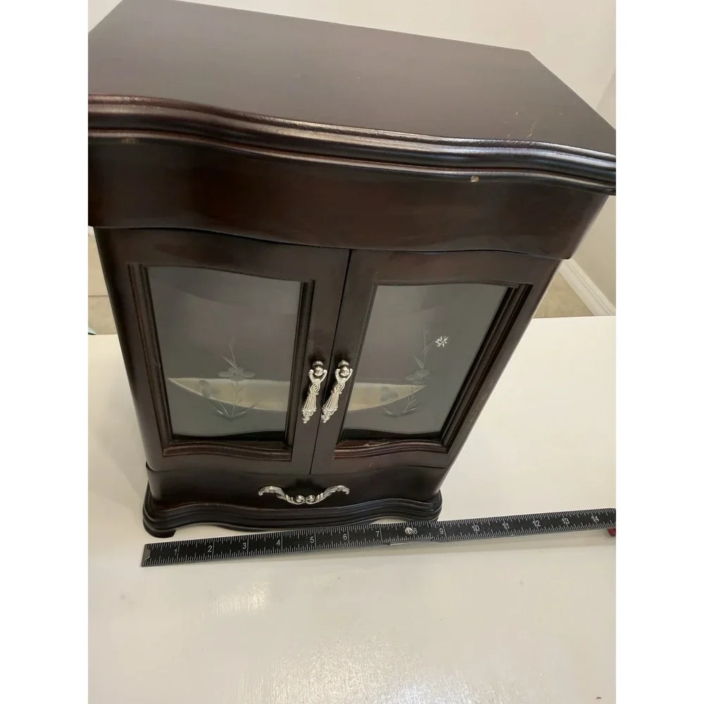 Vintage CherryWood Jewelry Box Armoire Etched Flower Glass Doors Carousel Mirror